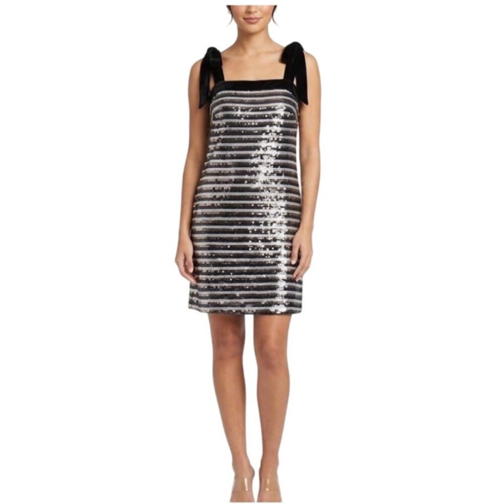 AQUA Black and Silver Cocktail Dress Sequin Velvet Stripe Mini Shift Size Small